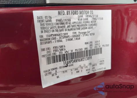 2006 Ford Focus Zx4 из США, поврежденный, VIN 1FAHP34N96W213899